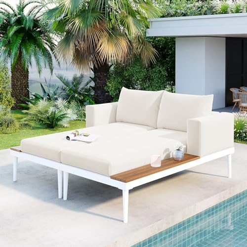 Janusline Modern Outdoor Patio Daybed with Wood Topped Side Spaces for Drinks, Patio Metal Daybed 2 in 1 Padded Chaise Lounges, All Weather Chaise Lounges for Garden Balcony Poolside Deck, Beige