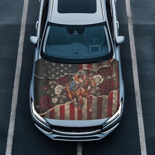 Image of Hood Cover Protector for Compact SUV Trucks Sedans, 59x39 Inch Stretchable Car Hood Flag,Horse and American Flag All-Season Protection for Cars Decor