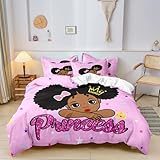 Cute Black Girl Duvet Cover Set- King Size, African American Little Girls Comforter Cover Set, Crown Princess Bow Bedding Set for Birthday Gift or Kawaii Bedroom Decor (1 Duvet Cover + 2 Pillowcase)