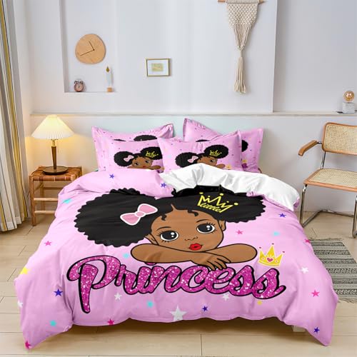 Bonito juego de funda de edredón de niña negra, tamaño matrimonial, juego de funda de edredón para niñas pequeñas afroamericanas, juego de ropa de cama con lazo de princesa corona para regalo de