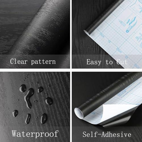 Image of TEKCOOL Peel and Stick Wallpaper Wood Contact Paper Wood Wallpaper Black Wood Grain Contact Paper Thicken Textured for Cabinets and Drawers Countertops Waterproof Self Adhesive Vinyl (45x300-1pc)'