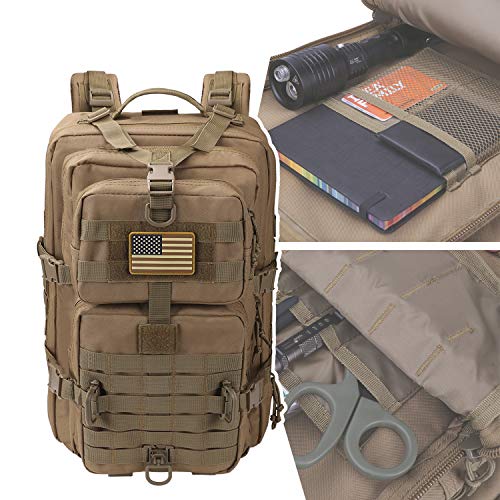 Hannibal Tactical Molle Assault Pack, Tactical Backpack Military Army Camping Rucksack, 3-Day Pack Trip W/Usa Flag Patch, D-Rings, Coyote #TOP5