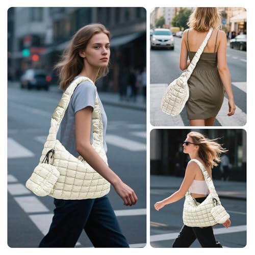 Image of Puffer Tote Bag for Women, Large Quilted Puffer Bag with Pouch, Puffy Quilted Hobo Bag, Puff Crossbody Purse