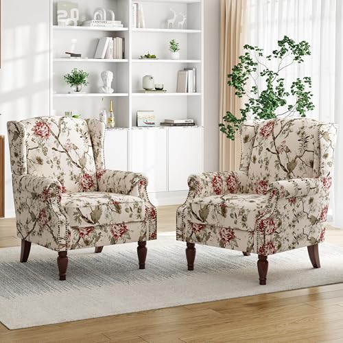 Pia Ricco Set of 2 Floral Accent Chairs, High Back Upholstered Armchairs with Retro Wingback Design, Nailhead Trim & Solid Wood Legs for Living Room Bedroom(Flower Beige)