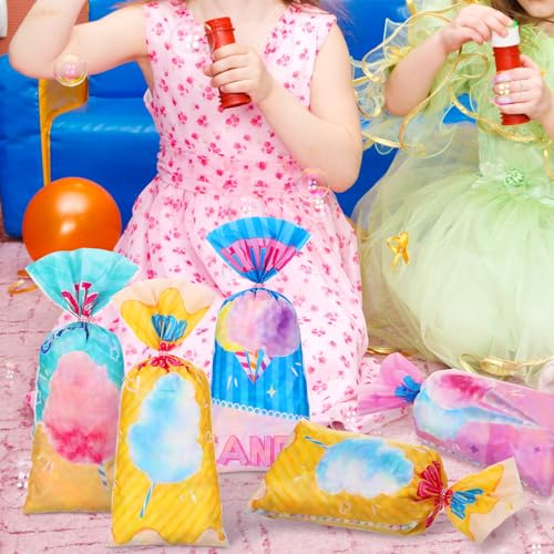 Image of Karenhi 100 Pcs Cotton Candy Bags with Ties，Carnival Birthday Party | 100 Pack Cotton Candy Treat Bags For Circus Party Favor, Twist Tie Seal, Small Snack Cones, 100 Pack