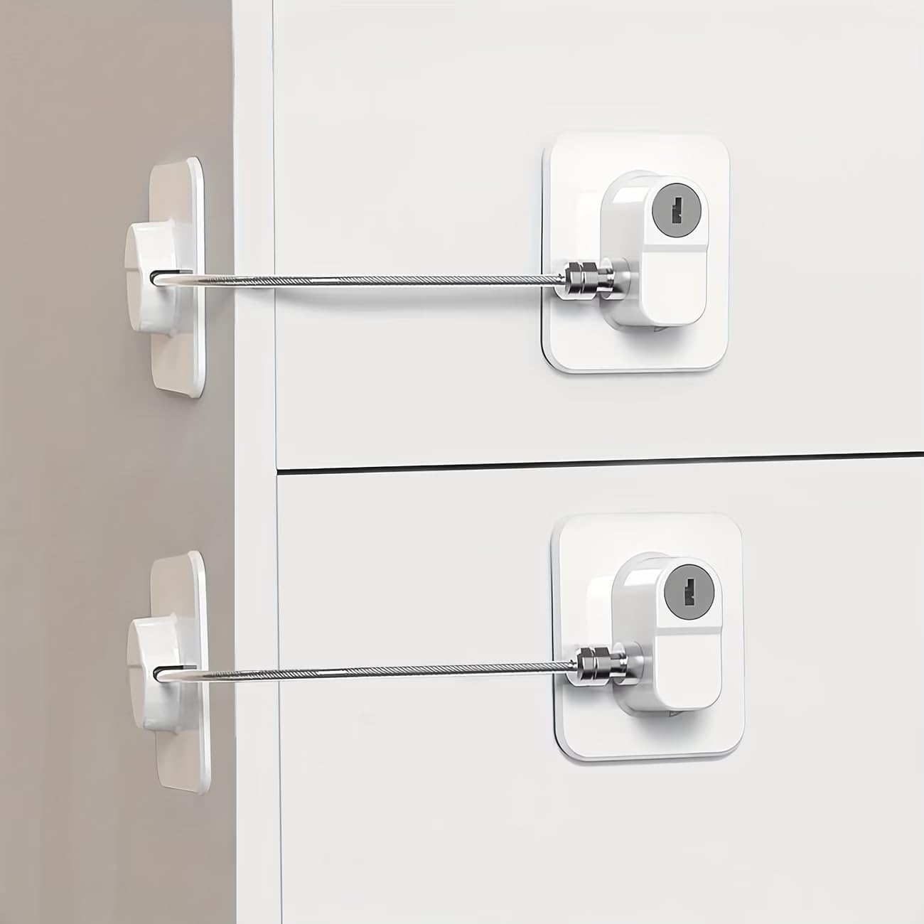 Fridge Lock with Key, Safety Lock for Refrigerator, Cabinet, Drawer, Window – Easy to Install, No Drilling(1 Pack, Rectangle White)