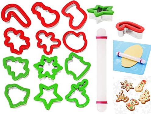 JOYIN 13 Pcs Stainless Steel Christmas Cookie Cutters with Comfort Grip 3.5í plus a Rolling Pin for Large Holiday Cookies, Snowflake Cookies, Gingerbread Man Cookies, Christmas Party and Baking Gift