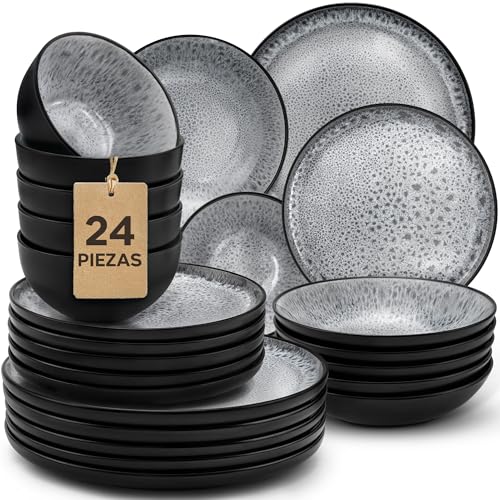 Twinzee Vajillas Completas 6 Personas de Gres Perla Resistente - 24 estilo Riviera - Apta microondas