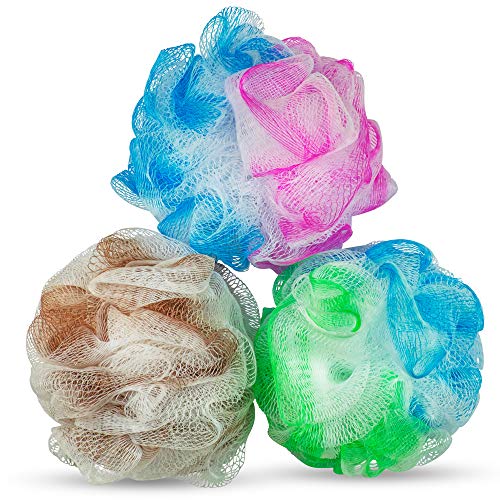 DecorRack Bath Shower Loofahs, Soft Mesh Pouf Body Bathing Sponge Loofah Scrubber (Pack of 3)