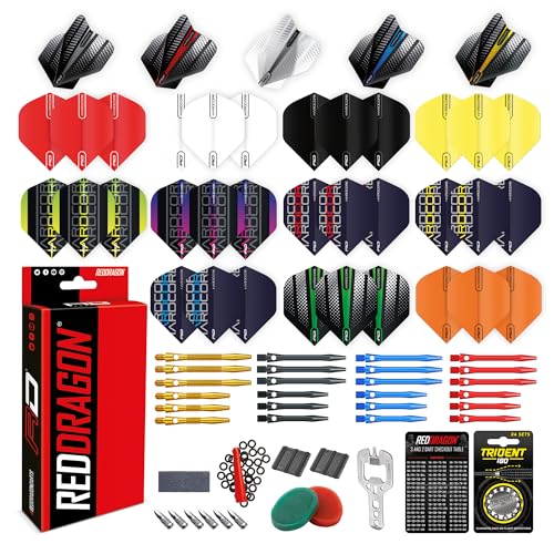 RED DRAGON Dardos   Paquete de accesorios de aluminio profesional   Incluye vuelos de dardos, ejes, cera de agarre de dedos, protectores de vuelo y más   Accesorios profesionales para dardos