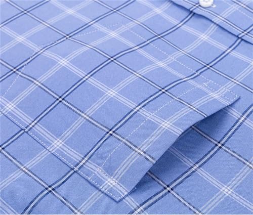 Men Plaid Casual Oxford Shirt Lapel Long Sleeve Pocket Striped Business Dress Shirt4