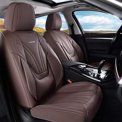 Image of Coverado Car Seat Covers Front Seats, 2 Piece Car Seat Protector with Lumbar Support & Removable Headrest, Breathable Leather Seat Cushion Universal Fit for Truck Automotive Vehicles Brown