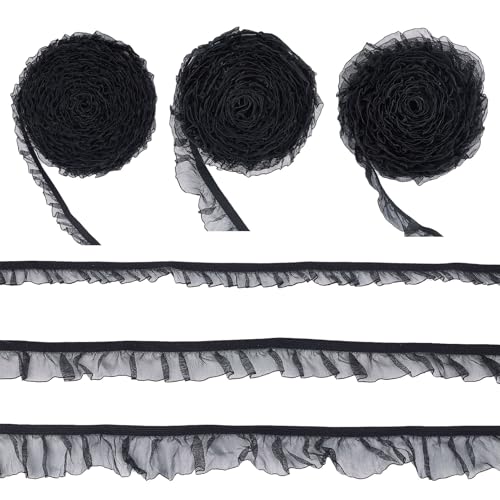 letsinstyle 3 Pieza de 5 Yardas de Ribetes de Encaje con Volantes de Tul Negro, Cinta de Encaje de 3 tamaño para Coser, Adorno de Encaje Elástico de Gasa para Coser Disfraces