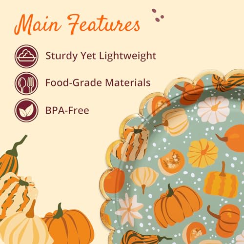 Image of Confettiville Thanksgiving Paper Plates, 50-Count Disposable Thanksgiving Dinner Plates, Scalloped, Party Supplies, Pumpkins, Mint Green