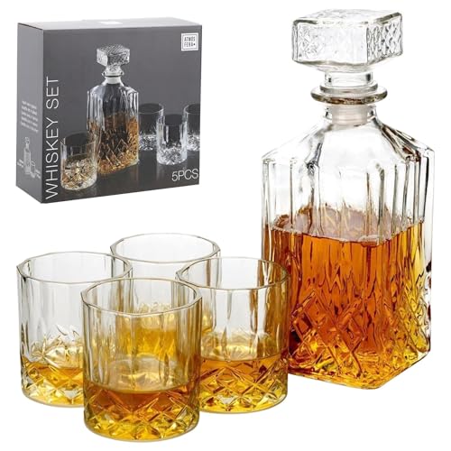 GEEZY Whiskey Decanter Set 5 Pcs - 4 Whiskey Tumblers 230ml & 900ml Decanter Carafe Elegant Diamond Cut - Classic Gift for Men - Alcohol Glasses Scotch Rum & Whisky Accessories Enthusiasts