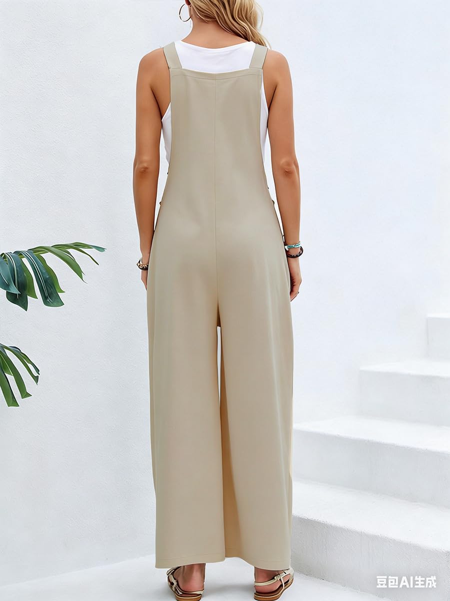 Mono Peto Suelto Mujer Verano Tirantes Finos Pierna Ancha Bolsillos Casual Color Sólido Overol Holgado Correa Ajustable Mamelucos