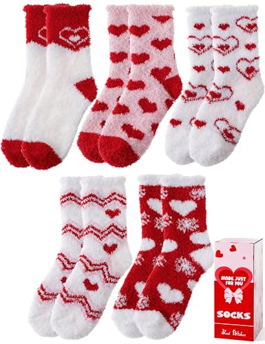 Sandsuced Kuschelsocken Damen Warme Dicke Wintersocken Lustige Winter Flauschige Haussocken 5 Paar Geschenke für Frauen(Rot/Weiß Liebe M)