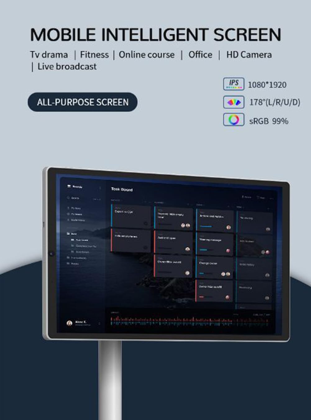 TV portátil recargable, pantalla de 24 pulgadas, 8 GB de RAM, almacenamiento de 128 GB, cámara de 13 MP, soporte de altura ajustable para el hogar, oficina, escuela y uso al aire libre