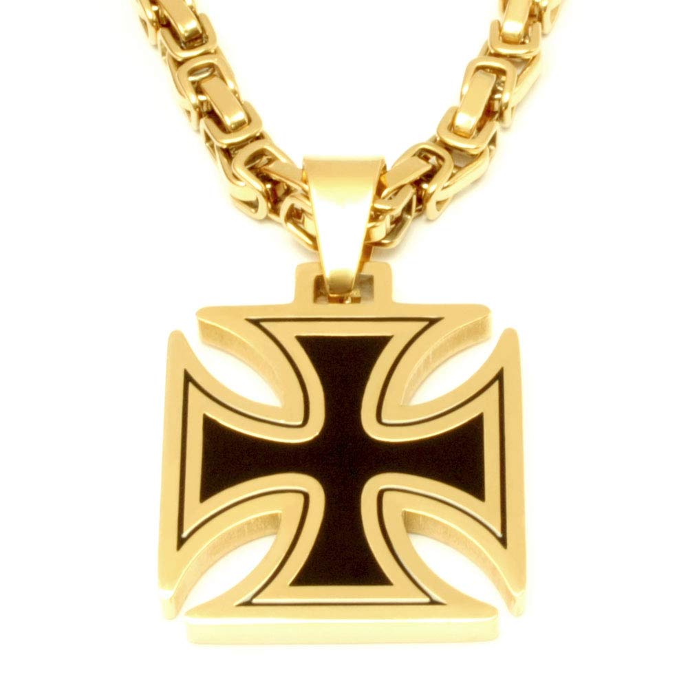 Eisernes Kreuz Anhänger aus Edelstahl schwarz Gold massiv + 60cm Königskette Bikerschmuck Rockerschmuck Männerschmuck Ritterkreuz Tatzenkreuz vergoldet