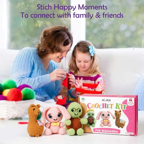 Image of A-URA 3-in-1 Learn to Crochet Kit for Beginners Kids and Adults, Premium Pattern Sunflower, Panda Cactus, Hanging Pot Plant Beginner Crochet Kits with Easy Tube Yarn (3, Animal Pattern)