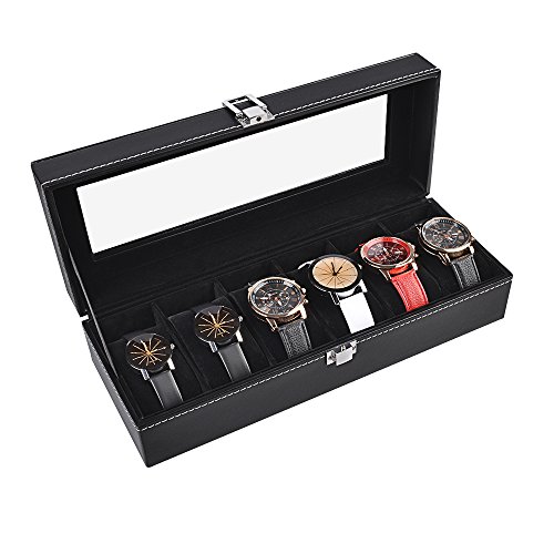 Awineur Black Watch Box  Couvercle en Verre 6 emplacements Montre Bijoux Affichage Boîte de Rangement Case Bracelet Plateau en Simili Cuir Noir avec Amovible en Velours oreillers
