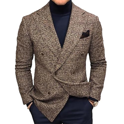 Mens Plaid Blazer Sports Coat Vintage Double Breasted Blazer Suit Jacket Casual Slim Fit Checkered Blazer