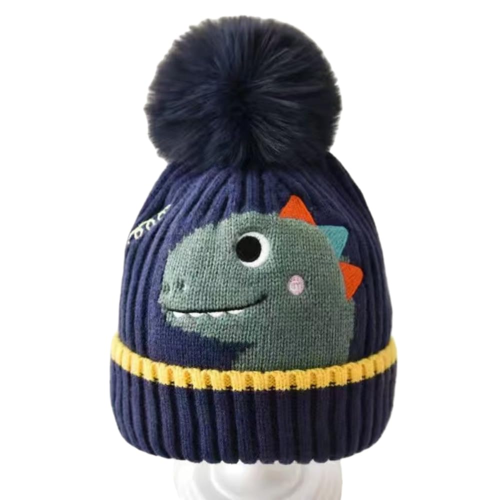 OMEIU Store Kids Winter Beanie Hat Scarf for 2-10 Years Old Boys Girls.Outdoor Warm Fleece Lined Thermal Knit Fluffy Pom (Dinosaur)