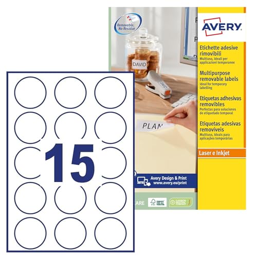 Avery Italia L4853Rev-25 Etichette Adesive In Carta Bianca Adesivo Rimovibile Nessun Residuo, 25 Fogli A4, Rotonde Diam 51Mm, 15 Etichette Per Foglio,