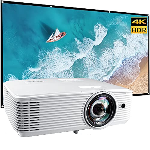 Optoma GT1080HDR Short Throw 4K UHD HDR Blur-Busting Gaming Projector, 3,800 Lumens Bundle with Minolta 120" Home Theater Projector Screen 16:9 Indoor Outdoor Folding with Mount Hooks