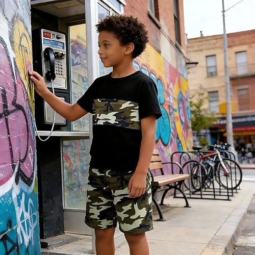 Image of Boys' 2 Piece Summer Outfit Cool Dinosaur & Camouflage Graphic Short Sleeve Tee & Shorts Set Size 4-12