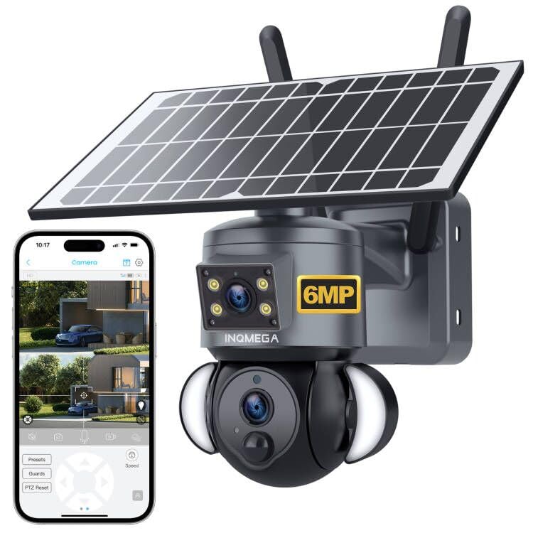 INQMEGA 6MP Dual-Lens Solar Camera Security Outdoor, 2.4G WiFi 360° View Battery Surveillance Camera for Home Security,Color Night Vision PIR Motion Sensor Light with Siren,Remote Control