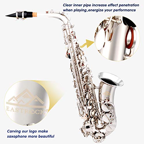 Eastrock Alto Saxophone Nickel E Flat Sax Full Kit For Students Beginner With Carrying Case,Mouthpiece,Mouthpiece Cushion Pads,Cleaning Cloth&Cleaning Rod,White Gloves,Neck Strap #TOP1