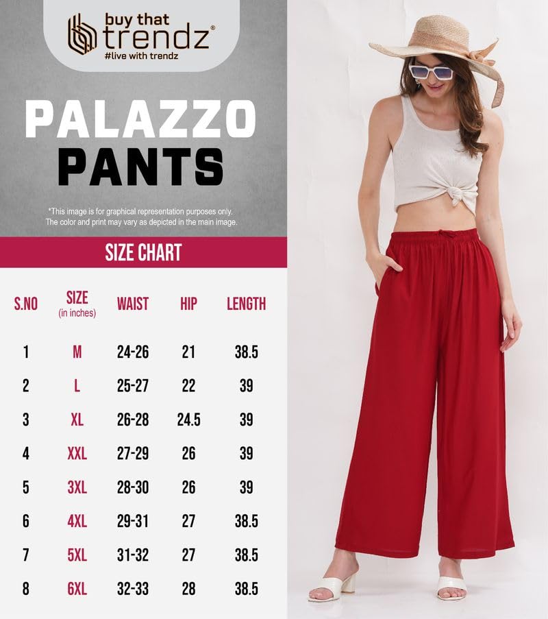 Image of Buy That Trendz Palazzo Pants for Women Rayon Elasticated Regular Fit Flared Wide Leg M to 6XL Pack of 3