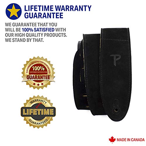 Perri's Leathers, Suede Guitar Strap, Sheepskin Pad, Black, Anti-Slip, Classic, Suitable For Each Level, Extra Long, 41" To 56" Inches Compatible With All Button Lock Systems #TOP2
