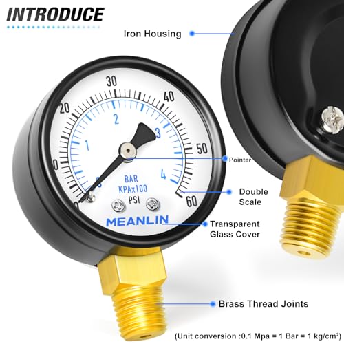 Image of MEANLIN MEASURE 0-60Psi Well Pump Pressure Gauge 1 /4 inch NPT 2 inch FACE DIAL for Pool Filter Pump Water Oil Air Compressor Tire Pressure Tester Lower Mount, with Teflon Tape