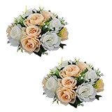 LANLONG 2 PCS Fake Flower Ball Arrangement Bouquet, 15 Heads Plastic Roses with Base, Artificial Flo