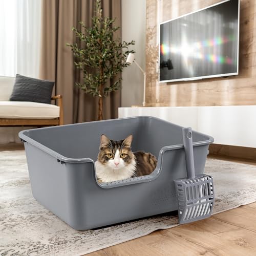 Set de 4 areneros para gato con pared alta y pala, gris miniatura 6