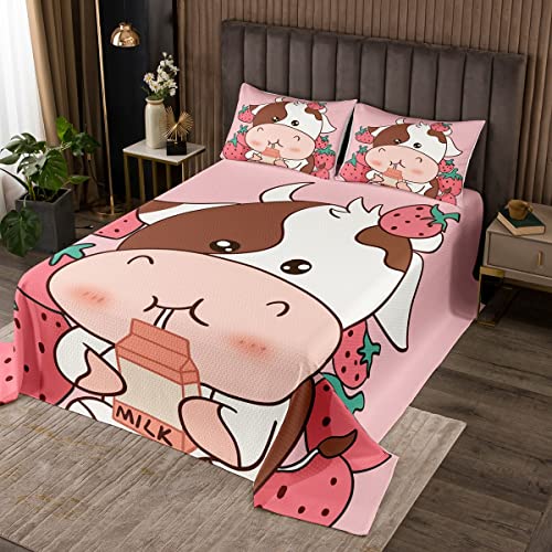 Juego de colcha con estampado de vaca fresa y vaca acolchada con patrón de vaca leche, colcha acolchada para niños y adultos, animales kawaii 3D, acolchado ultra suave, decoración de habitación, tama