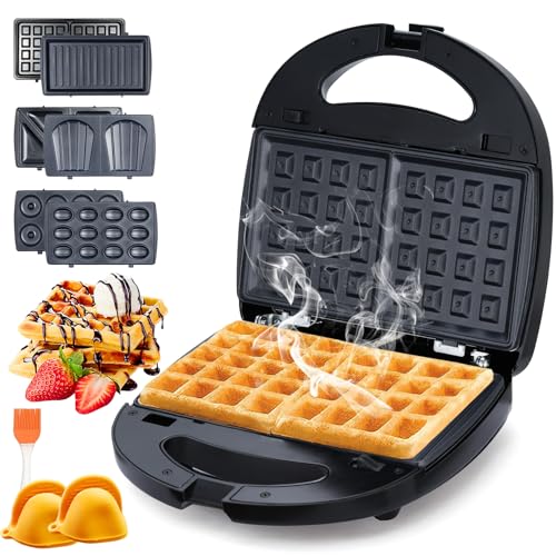 6 in 1 Waffle Iron Set, Panini Press Grill and Electric Sandwich Maker with Removable Non-Stick Plate, Ideal for Cooking Grilled Cheese, Tuna Melts, Burgers