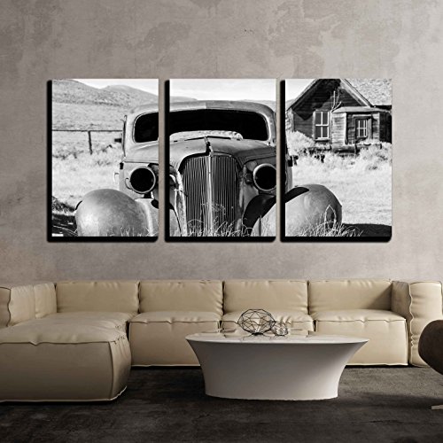 wall26 - 3 Piece Canvas Wall Art - Old Abandoned Car in Black and White Has Seen Better Days - Modern Home Art Stretched and Framed Ready to Hang - 16"x24"x3 Panels