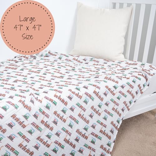 Image of LollyBanks Muslin Swaddle Blankets, 100% Cotton Baby Blanket for Boys and Girls, Soft and Lightweight 47 x 47 Inches Infant Swaddle, Gentle Newborn Blankets, Baby Essentials (Animal Train Print)
