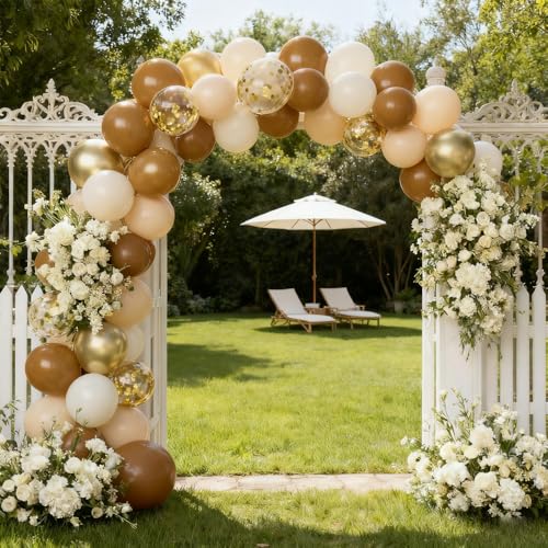 Image of Brown and Gold Balloons, 12 Inch Light Sand White Confetti Balloons for Neutral Bridal Shower, Birthday, Baby Shower Party Decorations