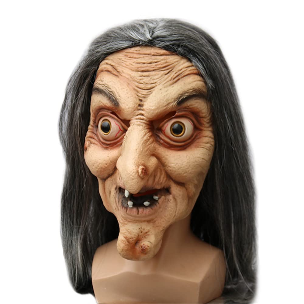 YTFSKFUI Long Hair Old Witch Halloween Mask, Horror Latex Full Face Scary Mask With Wig