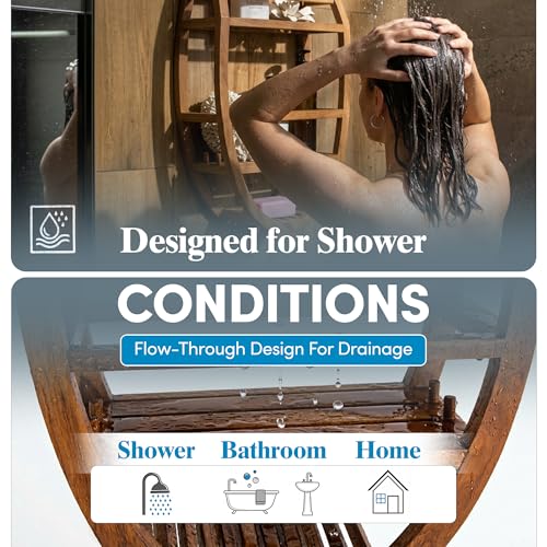 Image of AquaTeak Moa Oval Teak Shower Organizer, Hanging Caddy with Hooks