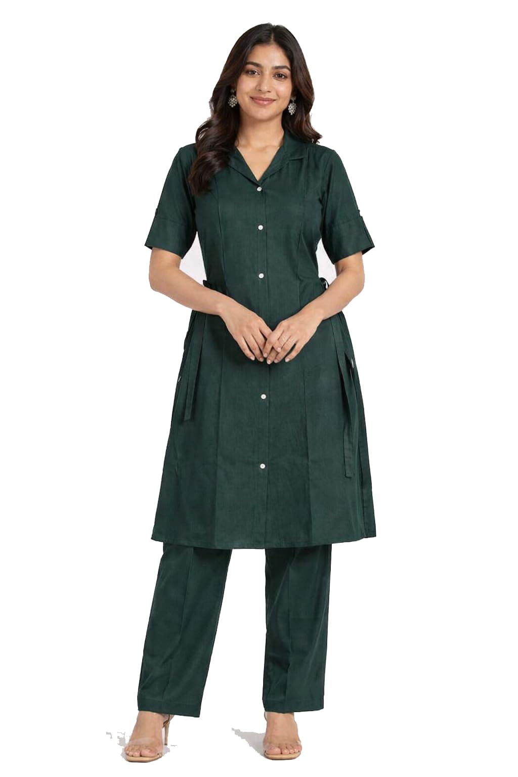 S.P. Collection's Women Solid Shirt Style Kurta Pant Co-Ord Set with Waist Tie-Up | Collared Neck Short Sleeve Casual Ethnic Set for Women-picture-25