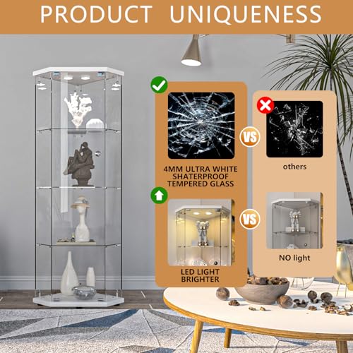 Image of LFT HUIMEI2Y 4-Tier Glass Corner Cabinet with LED&Lock, Display Case White