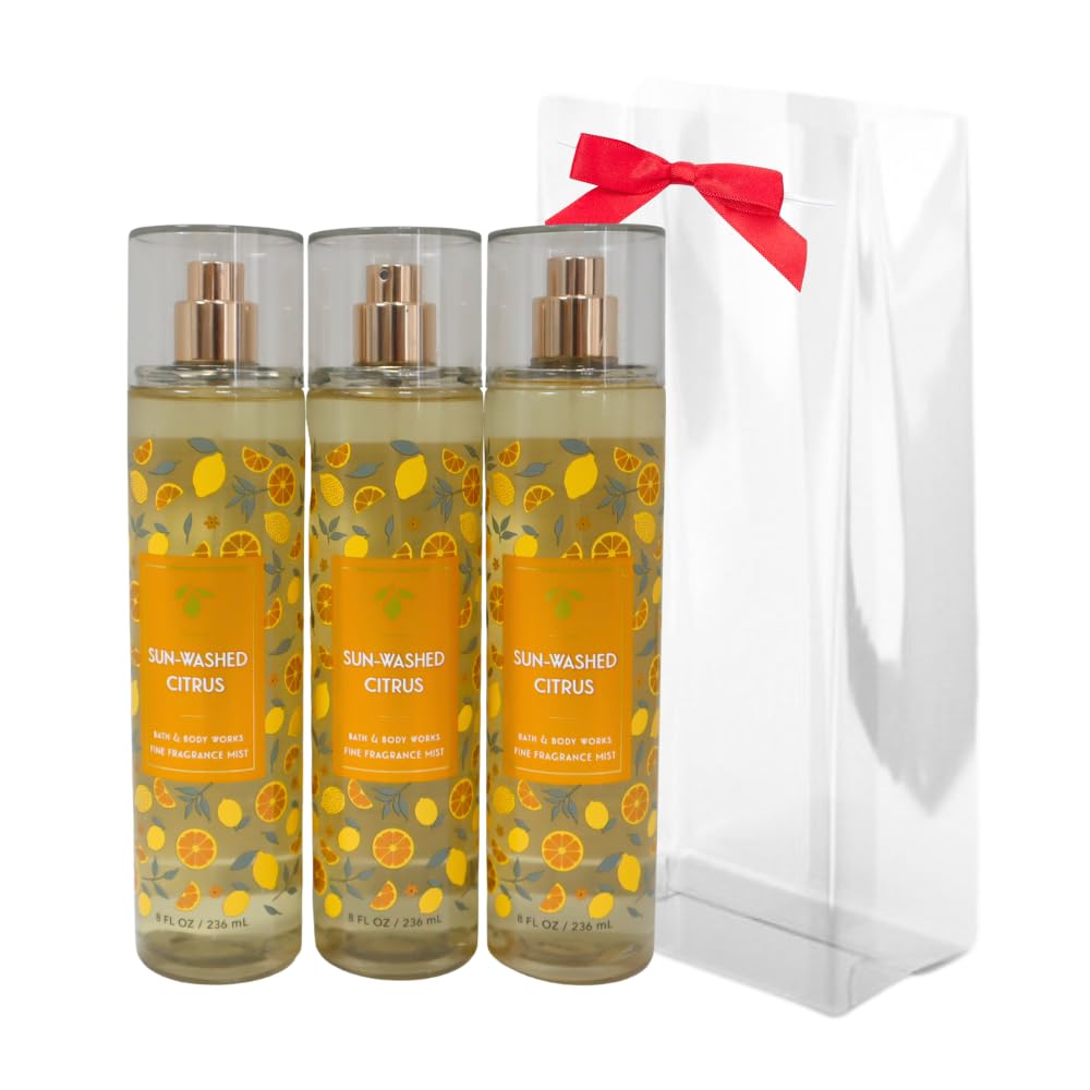 Bath & Body Works SUN-WASHED CITRUS Fine Fragrance Mist 8 oz Gift Set with a Red Bow for Holidays & Gifts - Pack of 3