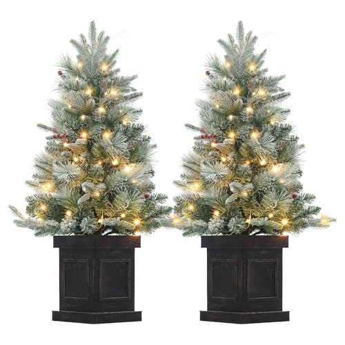 GarveeHome 3ft Small Christmas Tree 2 Set Pre-Lit Artificial Christmas Tree with 78 Led Lights, Snow Flocked Xmas Tree with Brown Base, Timer Function, Battery Operated, for Home Christmas Decor