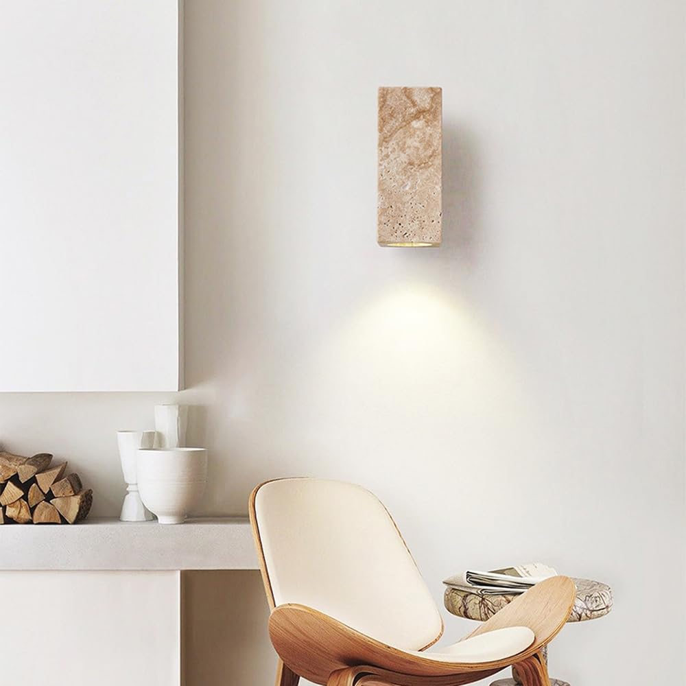 Applique carrée en pierre de travertin jaune E27/E26, luminaires muraux de style Wabi Sabi pour salon, lampe murale à base de grain de bois transparent pour espaces de vie, chambres à coucher,