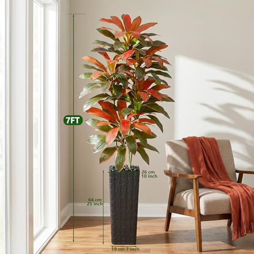Image of Artificial Red Dracaena Tree Indoor, 7FT Tall Fake Floor Plants with Black Planter & Pebbles, Faux Silk Yucca Tree for Home Office Living Room Bedroom Farmhouse Modern Outdoor Topiary Tree